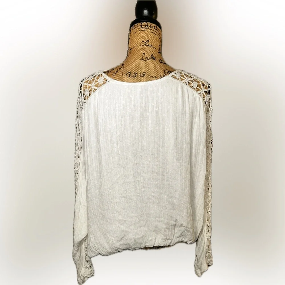 Free People Runaway Crochet Long Sleeve Billowy Gauze Deep V Cottagecore Top L
